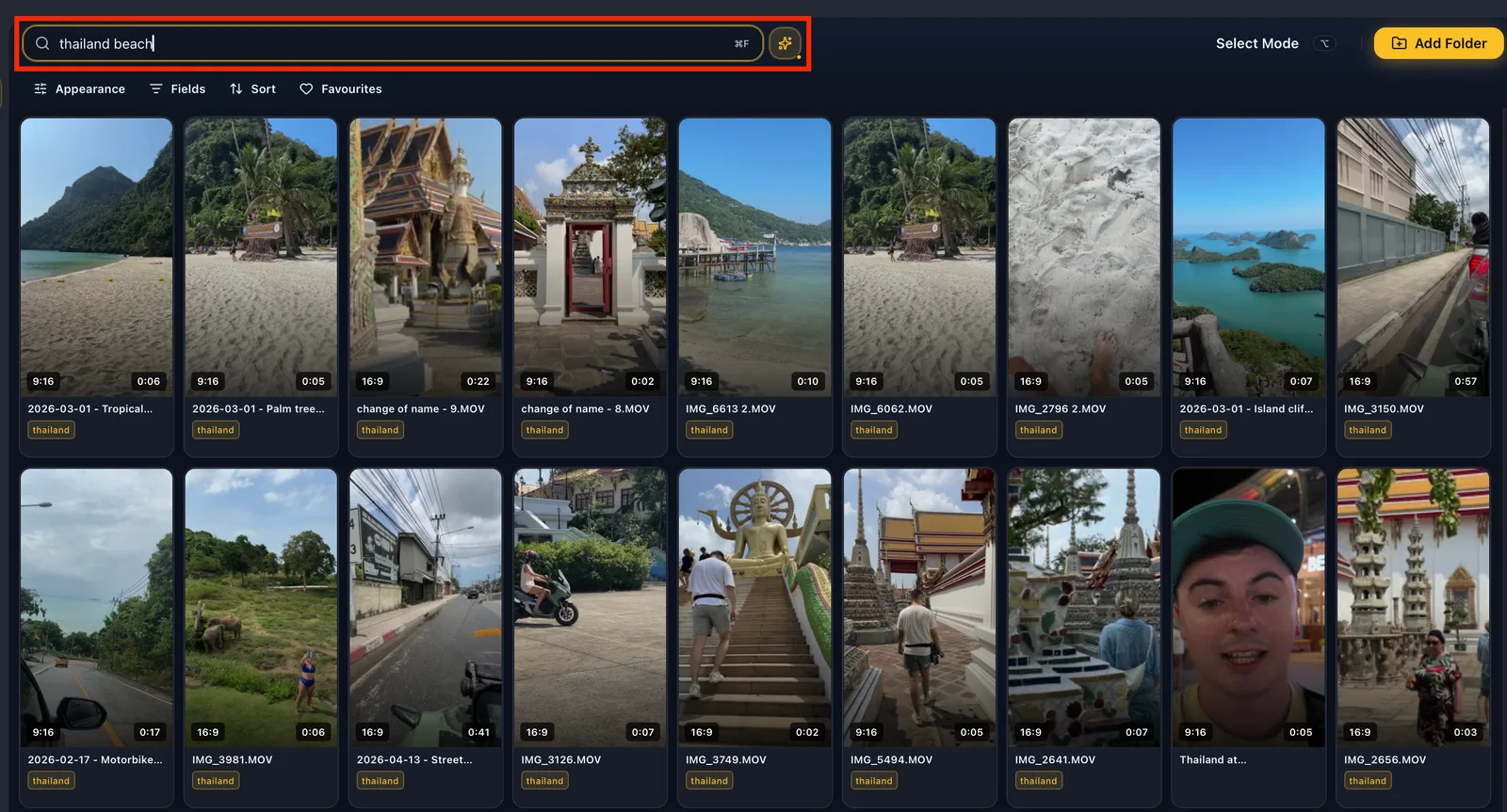 A search combining a folder word and a description word, with literal matches at the top and visually ranked matches below