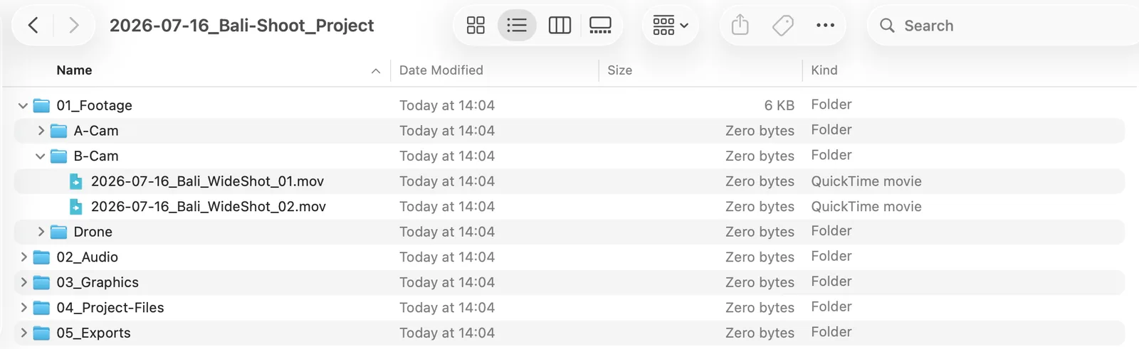 A Finder window showing the numbered folder structure expanded, with a date-led filename visible inside 01_Footage