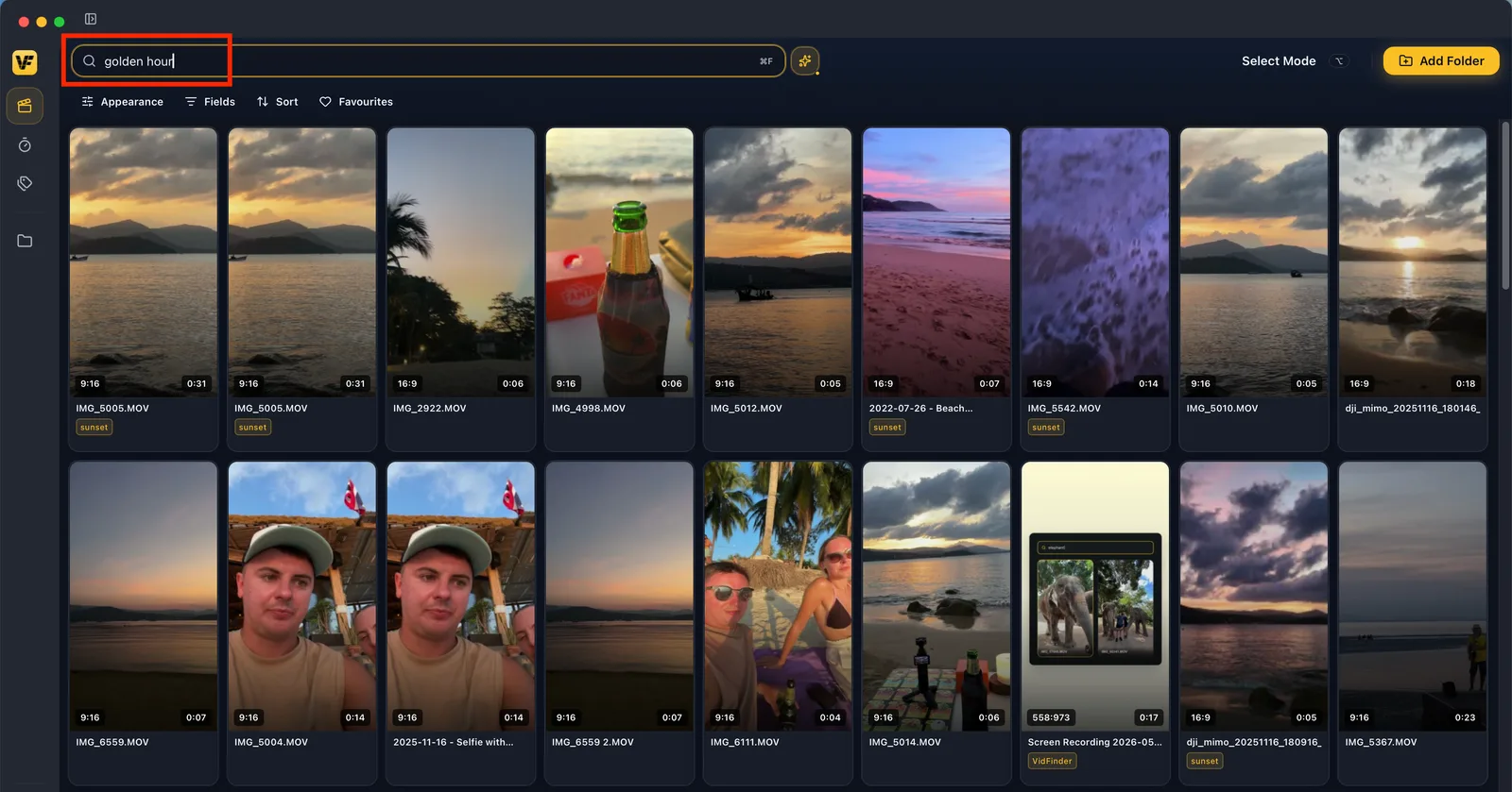 VidFinder search results for "golden hour aerial" showing untagged clips from several different project folders surfacing together