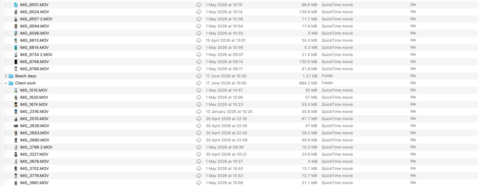 A Finder window of camera-style filenames like DJI_0032.MOV and GX010188.MP4, none of which describe the content.