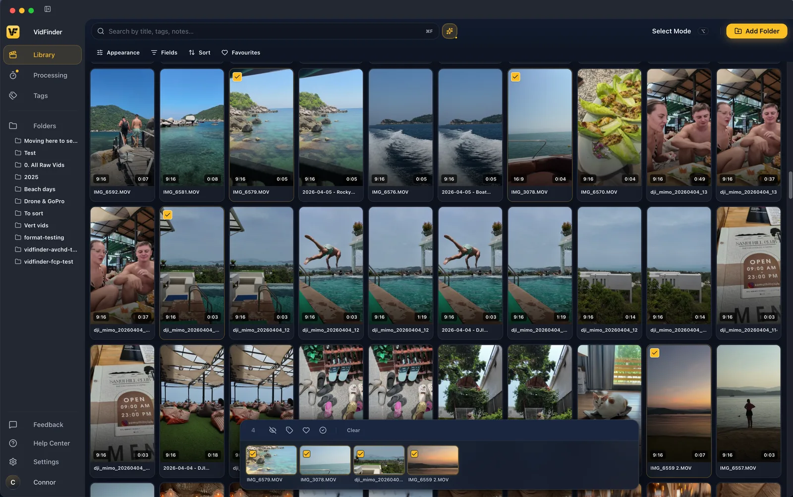 The VidFinder library dashboard with the folder sidebar, thumbnail grid, and Selection Tray visible.