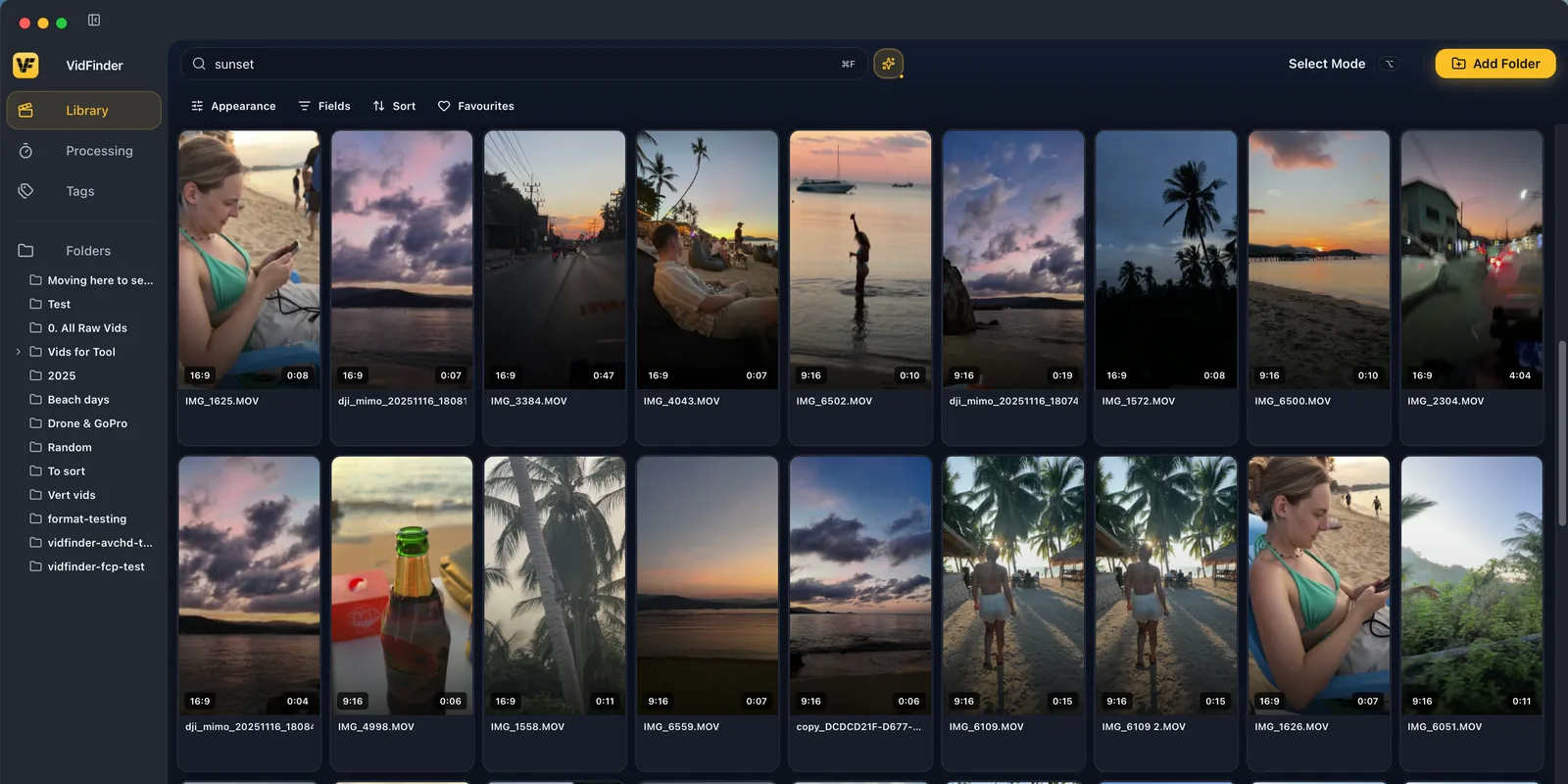 Smart Search results for "pouring coffee", showing ranked thumbnails from differently named files.