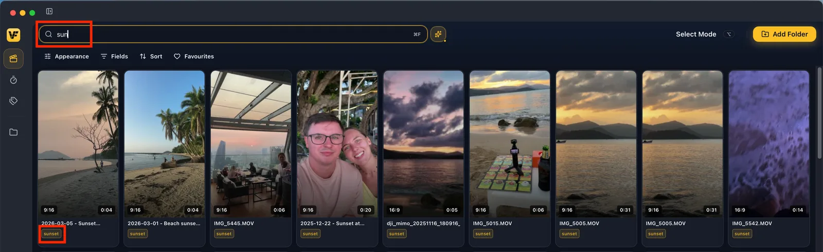 A search for "inter" surfacing clips named or tagged interview, intercut, and interior.