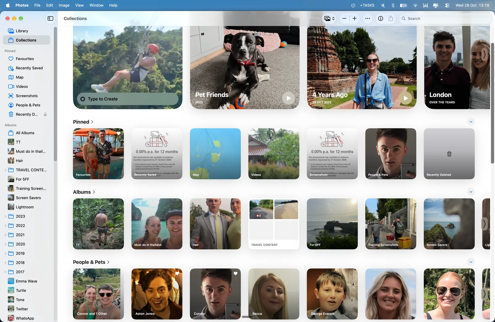 Apple Photos Collections view with Memories, pinned albums, and the People & Pets row