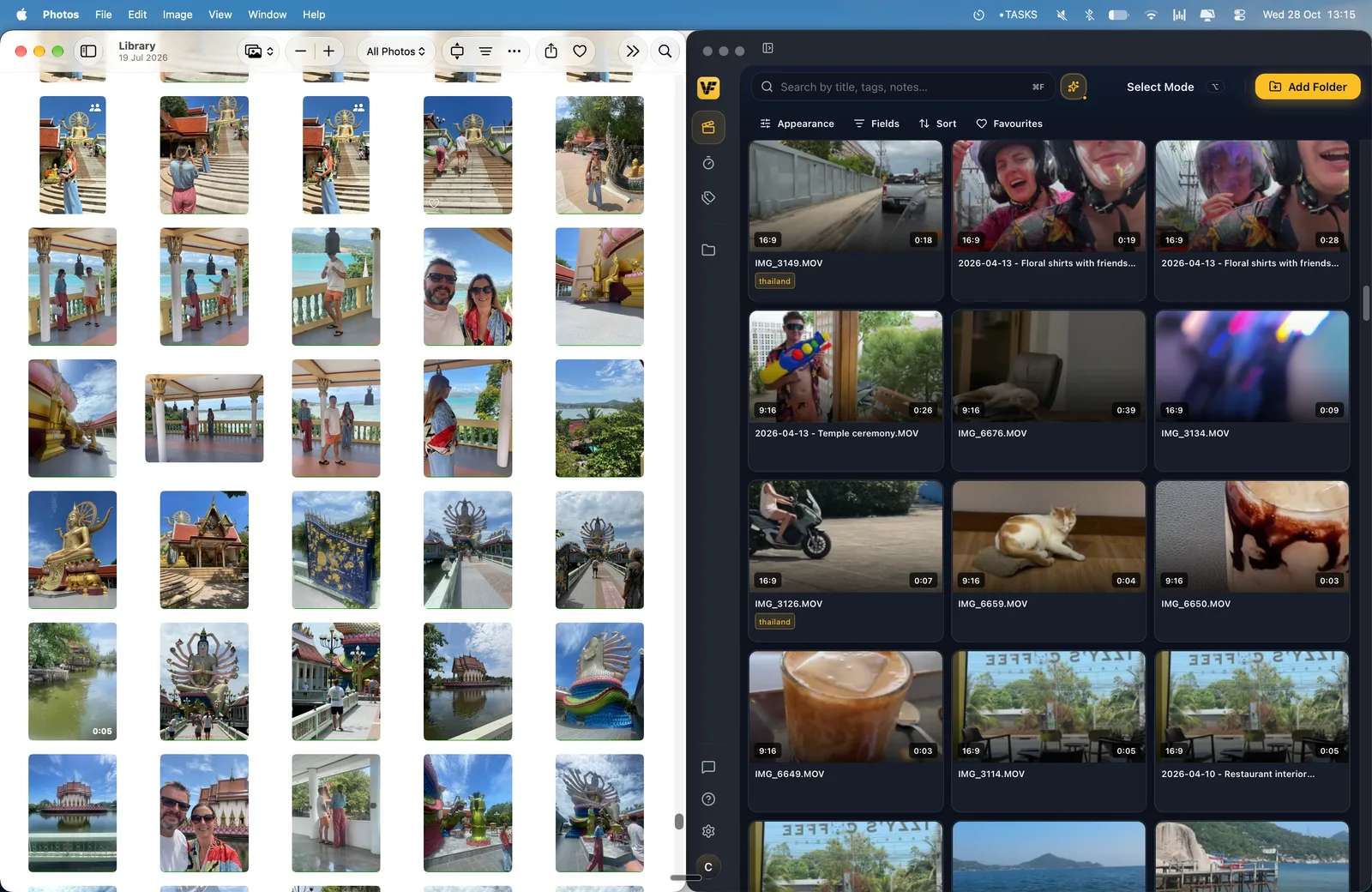 Side-by-side of the Apple Photos library grid and the VidFinder dashboard with preview thumbnails