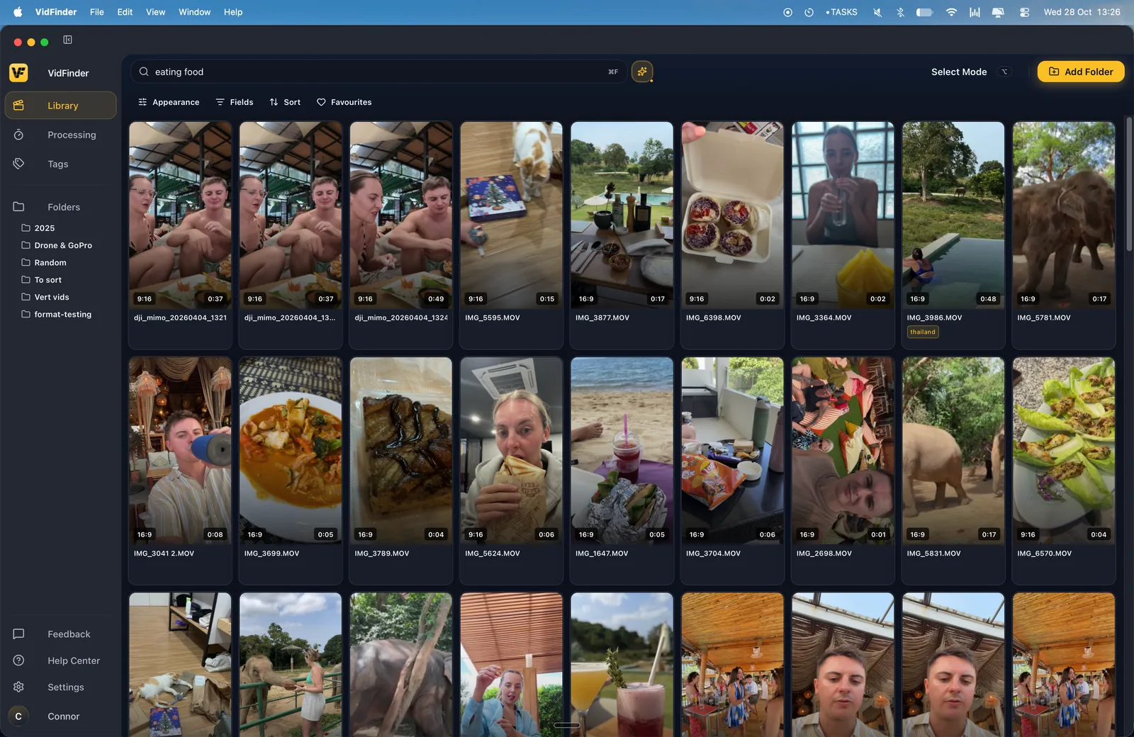VidFinder Smart Search results for eating food, showing ranked clips from differently named files