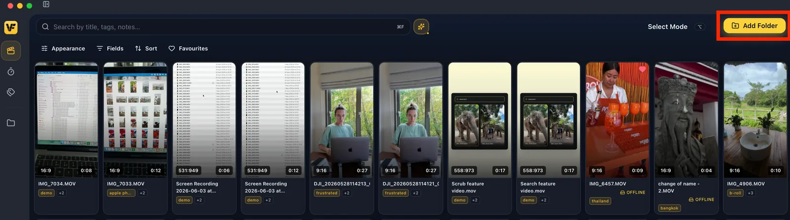 The VidFinder library with the Add Folder button highlighted in the top-right corner.