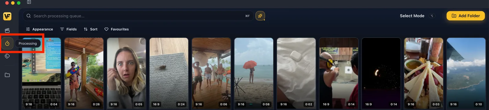 The VidFinder Processing tab highlighted in the sidebar, showing newly indexed clips in a queue.