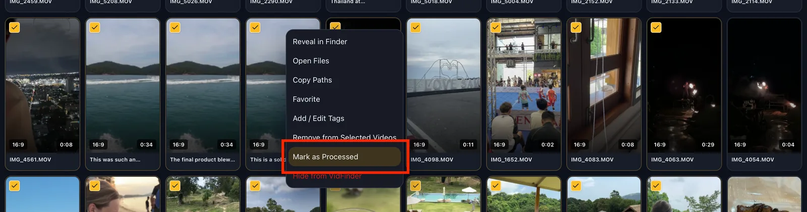 The right-click dropdown menu in VidFinder with the option to mark all clips as processed.