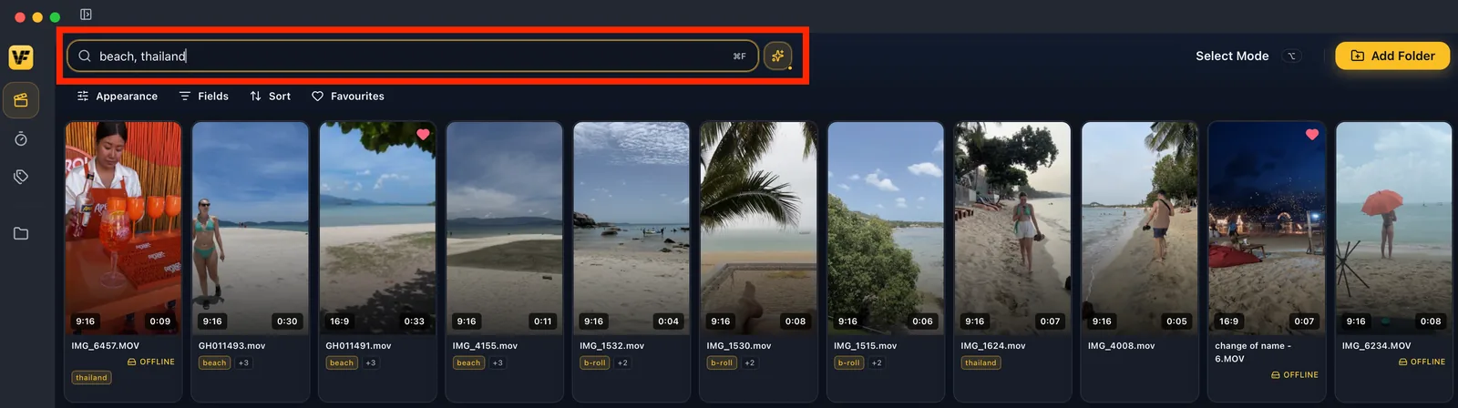 VidFinder library with a Smart Search for beach and thailand returning matching clips.