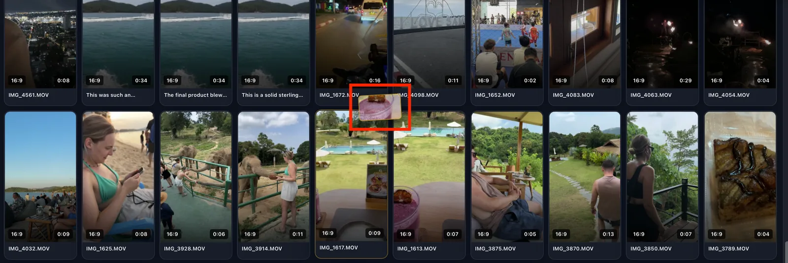 A clip being dragged out of the VidFinder library to drop into another app.
