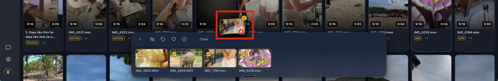 The VidFinder selection tray with four clips selected, being dragged out together.
